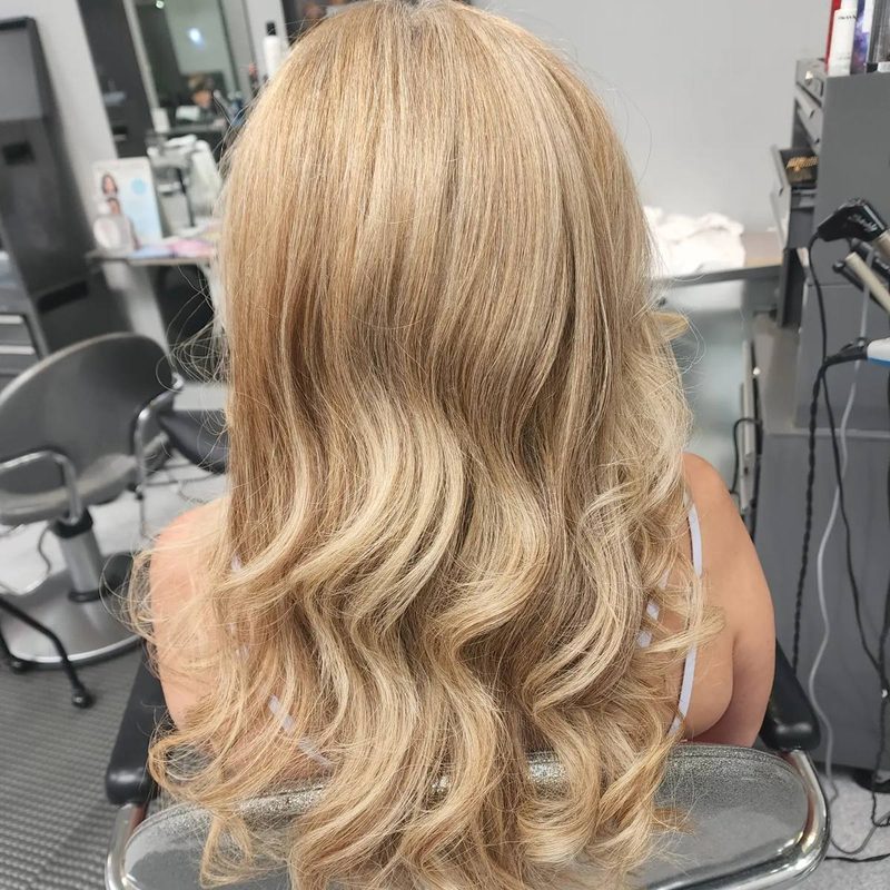 Golden blonde balayage on long hair